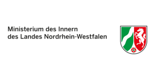Logo des Ministerium des Innern des Landes Nordrhein-Westfalen. Links der Schriftzug, rechts das Landeswappen.