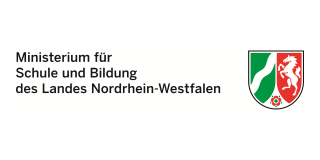 Logo des Ministeriums für Schule und Bildung des Landes Nordrhein-Westfalen. Links der Schriftzug in schwarz, rechts das Landeswappen